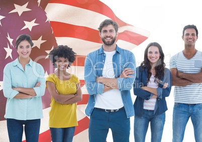 Friends group standing with arms crossed against american flag