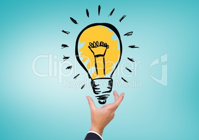 Businessman hand holding electric bulb against turquoise background