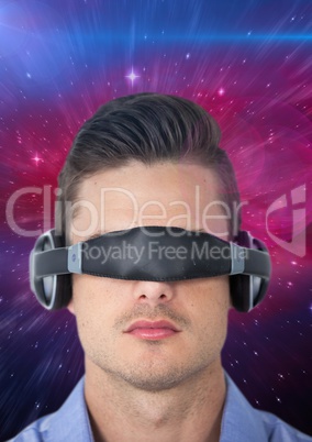 Man using virtual reality glasses against space background