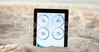 Digital tablet in sand showing four percentage data