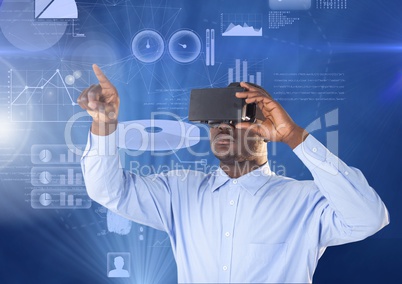 Businessman using virtual reality headset against graph chart screen