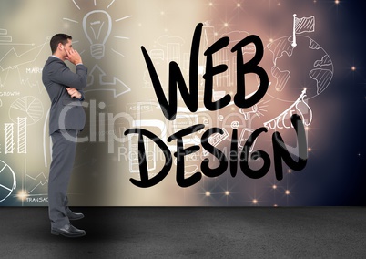 Confused businessman looking at web design icons