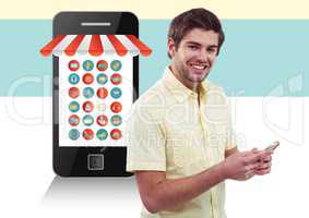 Digital composite image of a man using smartphone with online shopping concept