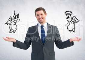 Digital composite image of a businessman holding angel and demon