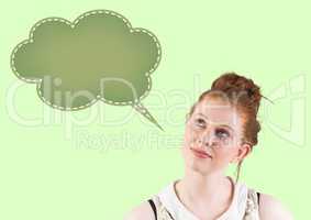 Thoughtful woman looking at speech bubble icon