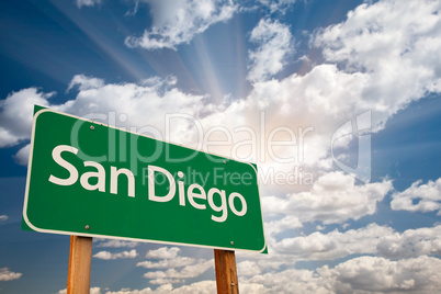 San Diego Green Road Sign Over Clouds