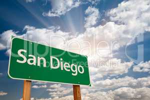 San Diego Green Road Sign Over Clouds