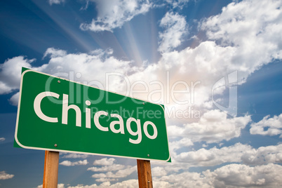 Chicago Green Road Sign Over Clouds