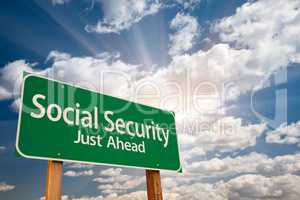Social Security Green Road Sign Over Clouds