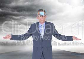 Businessman with blank sticky note on forehead standing against cityscape with rain in background