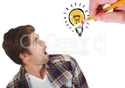 Shocked man looking at innovative bulb drawn on white background