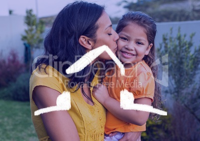 Mother kissing her daughter against house outline in background