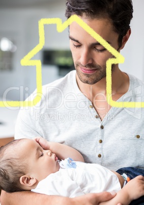 Man holding baby overlaid with house shape