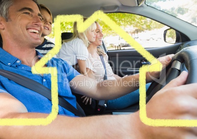 Family in a car together with house outline