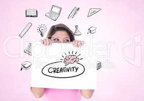 Woman holding a card showing creativity text