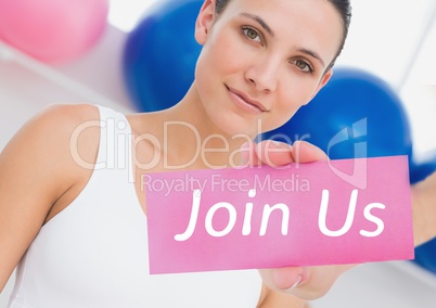Portrait of fit woman showing join us card