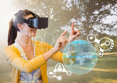 Woman touching interface screen while using virtual reality headset