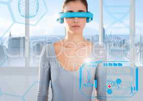 Woman using virtual reality headset and futuristic interface