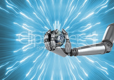 Robot holding globe with sparks against blue background