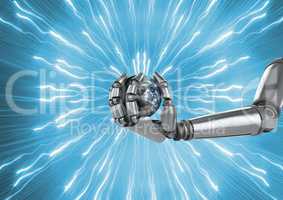 Robot holding globe with sparks against blue background