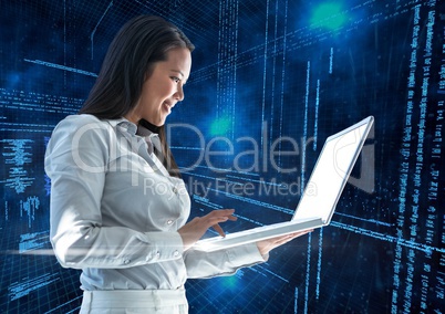 Businesswoman using laptop with binary codes in background