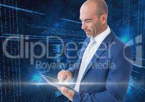 Businessman using digital tablet with binary codes against blue background