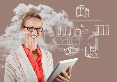 Portrait of woman holding digital tablet with graphics and cloud in background