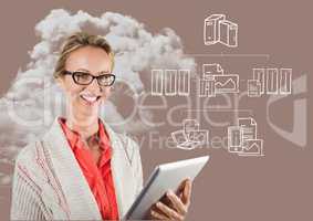 Portrait of woman holding digital tablet with graphics and cloud in background