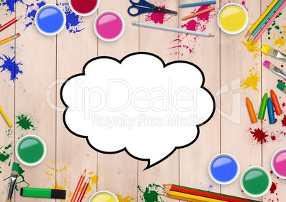 Drawn speech bubble with color pencils and paint on wooden background