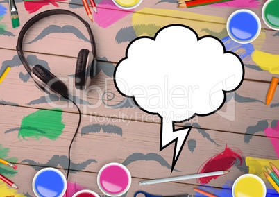 Drawn speech bubble and headphones with color pencils on wooden background