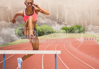 Digital composite image of female athlete jumping above the hurdle