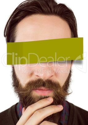 Confused man with adhesive note covering his eyes