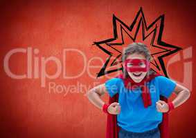 Smiling girl pretending to be a superhero against red background