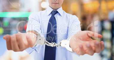Businessman wearing handcuffs
