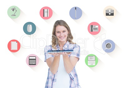 Smiling woman holding digital tablet and various application surrounded by her