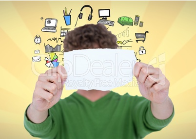 Man holding blank page in front of hos face against graphics icons on yellow background