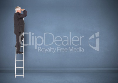 Businessman on ladder looking at a distance