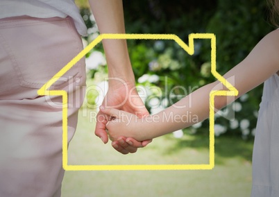 Home outline with mother and daughter holding hands in background