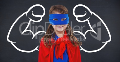 Girl in superhero costume against flexed arms background
