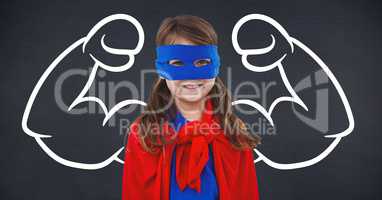 Girl in superhero costume against flexed arms background