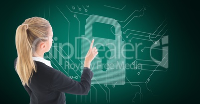 Woman touching digitally generated lock interface against green background