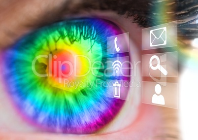 Close-up of colorful eyes with icons