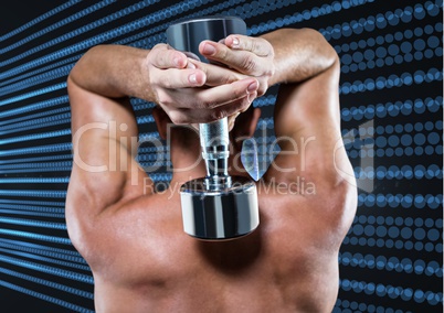 Man performing tricep exercise against digitally generated background
