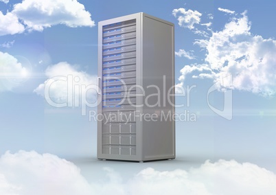 Server tower on cloudy sky background