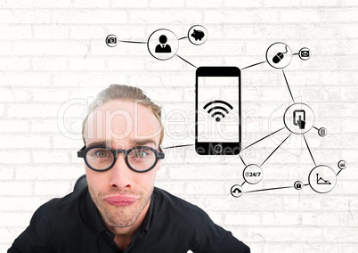 Nerd man with smartphone and application icons