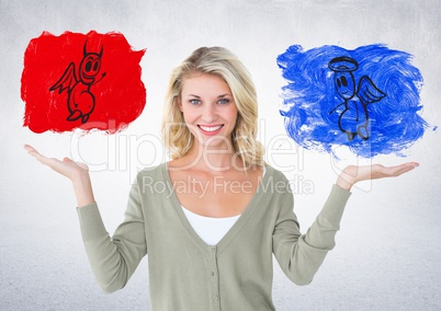 Portrait of smiling woman between good and bad conscience
