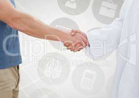 Man shaking hand with doctor against medical concept background