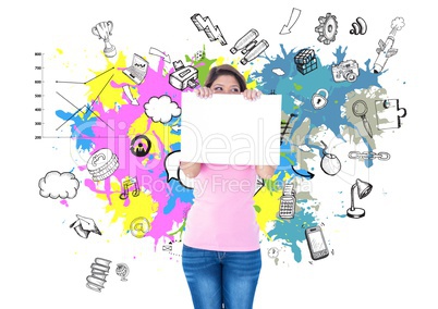 Woman holding a blank placard against graphic interface background