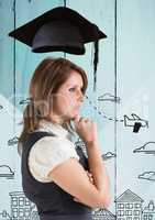 Thoughtful businesswoman standing against hand drawn city on wooden background