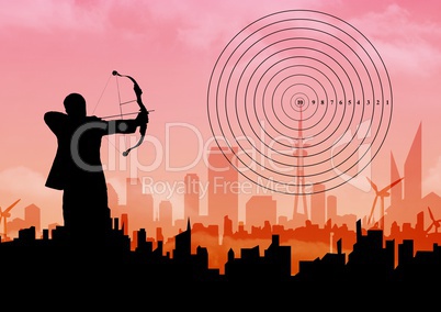 Silhouette of businessman aiming with bow and arrow at target over cityscape